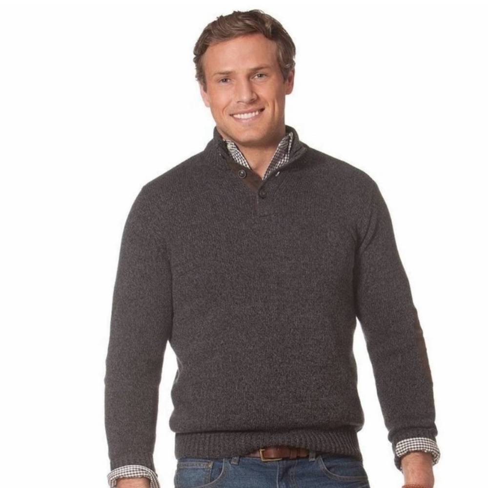 Chaps Tan 3 Button Mock Neck Elbow Patch Cotton Sweater Preppy Men’s Size XL - Picture 5 of 9